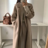 new women winte chic solid color coat long sleeve warmth elegant belt outerwear ladies fashion long wool overcoat autumn 2020