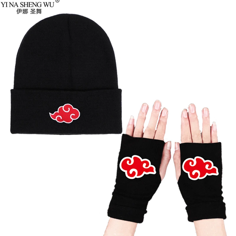 

Beanies Women Autumn Winter Warm Hat Anime Akatsuki Cosplay Red Cloud Embroidery Caps Gloves For Men Knitted Bonnet Unisex