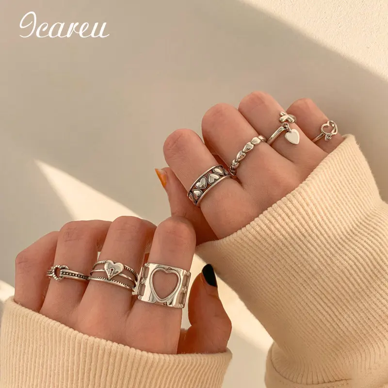 

Korean Style Cross Heart Pendant Finger Ring Fashion Combination with Double-Layer Retro Love Heart Ring Women