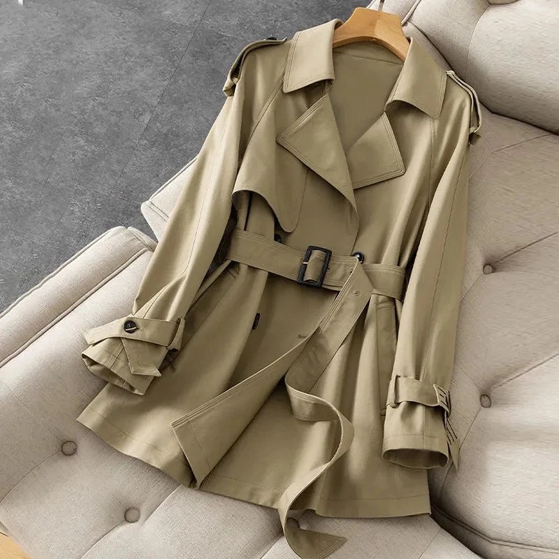 

Office Lady Casual Short Trench Coat Women Fashion Temperament Double Breasted Belt Windbreaker Plus Size Spring Fall Jackets