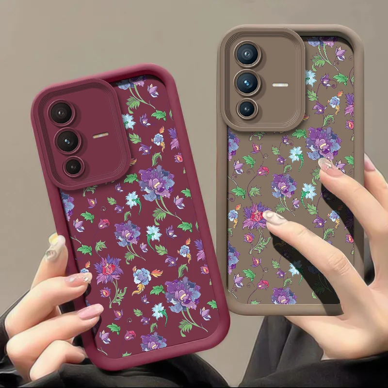 Фото Мягкий матовый чехол для телефона Vivo V70 FE V60 Lite V50 V40 Pro V30 SE V30E V29E V27, роскошный противоударный силиконовый чехол с цветочным принтом №1