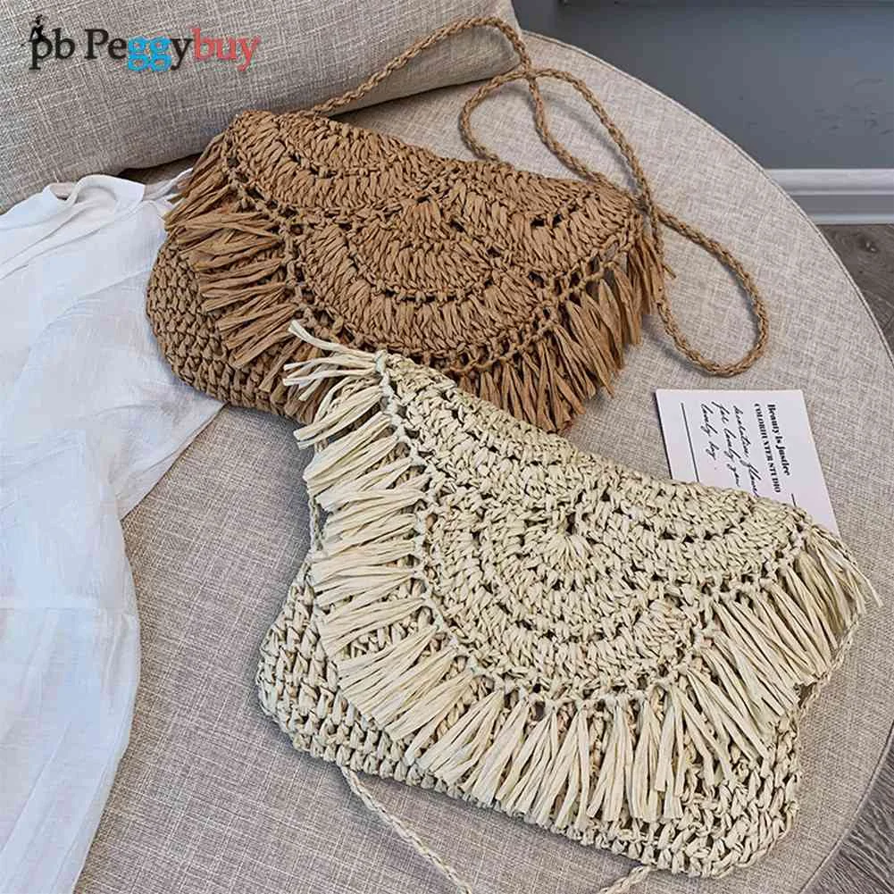 

Summer Beach Slim Flap Handbag Women Tassels Straw Rattan Weave Crossbody Bag Fashion Exquisite Shopping Bag