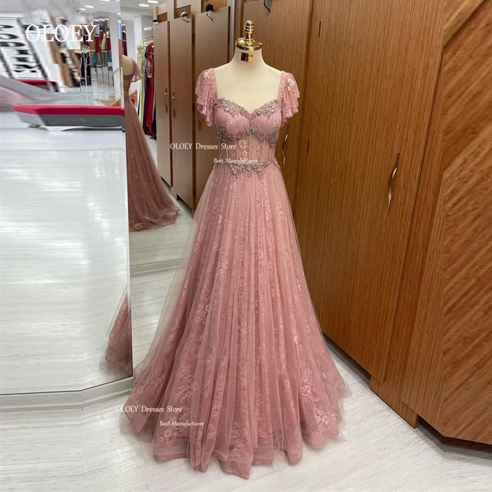 

OLOEY Elegant Pink Lace A Line Evening Dresses Dubai Arabic Sweetheart Cap Sleeves Applique Formal Occasion Gowns Prom Dress