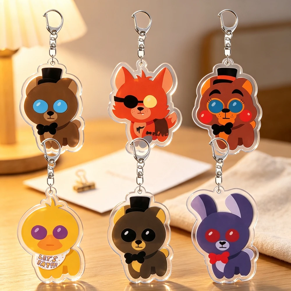 Фото Акриловый брелок с персонажами игры FNAF: Фредди Фазбер, Бонни, Фокси, Чика. Милый подарок на праздник, украшение для рюкзака, подвеска. №1