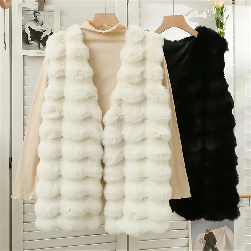 

Winter Warm Faux Fur Vest Women Sleeveelss Long Jacketss Waistcoat Korean Style Black White Jacket Outwear