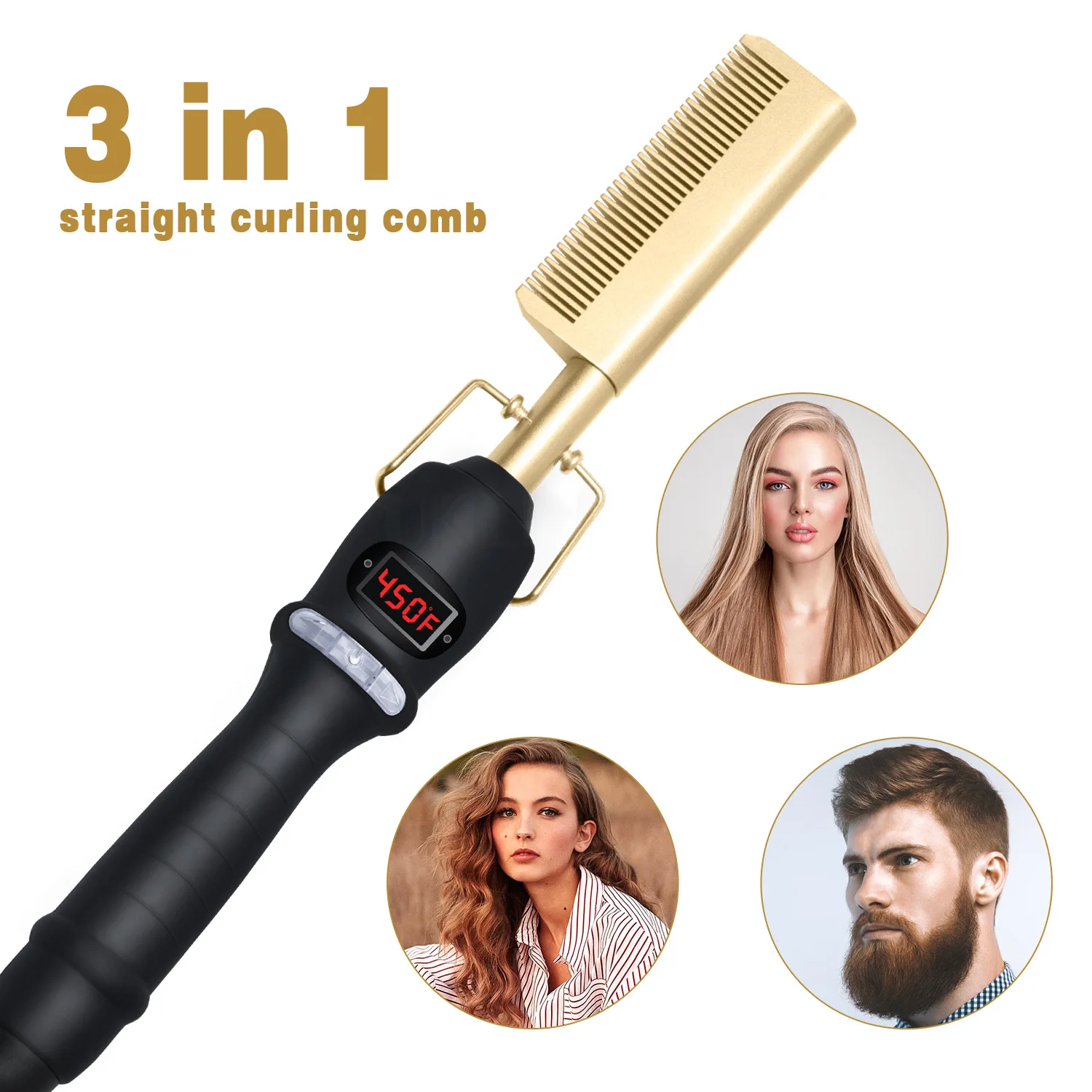 

3 in 1 Hot Comb Straightener Electric Hair Straightener For Hair Curler Wet Dry Use Straight Styler Beard & Mustache Combs