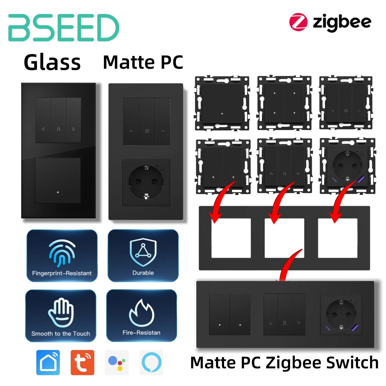 Фото BSEED Zigbee 1/2/3/4-канальные умные выключатели для светильников, штор и жалюзи, диммеры, механические кнопки, розетки, детали для самостоятельной сборки USBC, пластиковые рамки №1