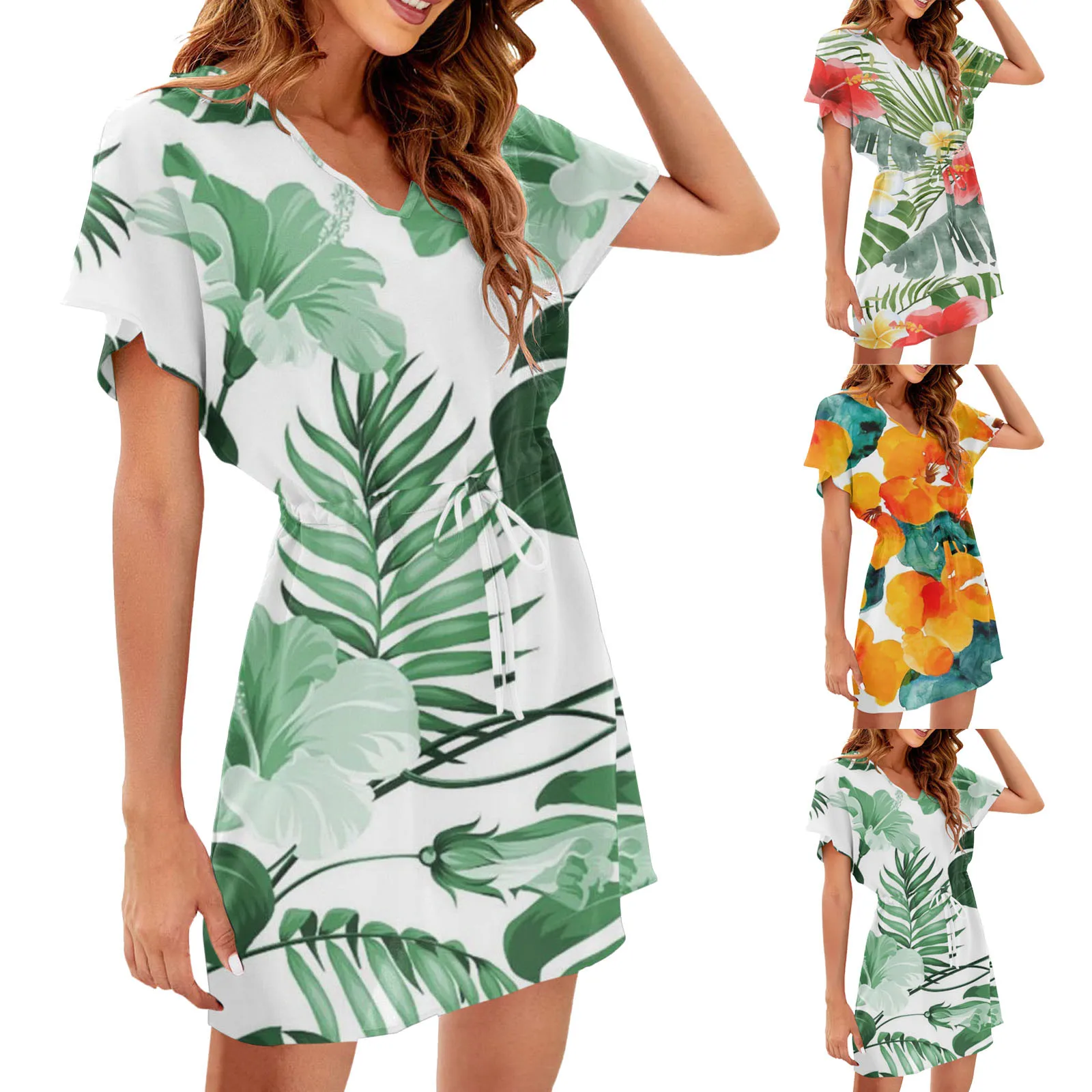 

Women Casual Sexy Swim Cover Up V Neck Summer Beachwear Coverups Flowy Short Sleeve Mini Beach Dress Travel Dress