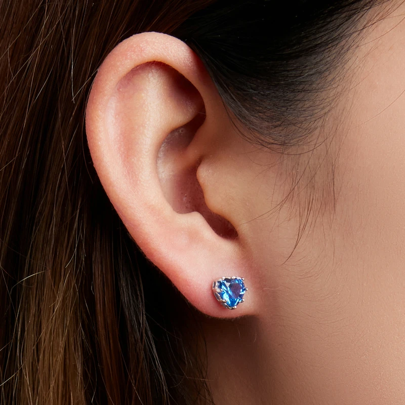 WOSTU Real 925 Sterling Silver Ocean Blue Heart Stud Earrings For Women AAA Zircon Ear Studs Lovely Wedding Jewelry Gift FNE655
