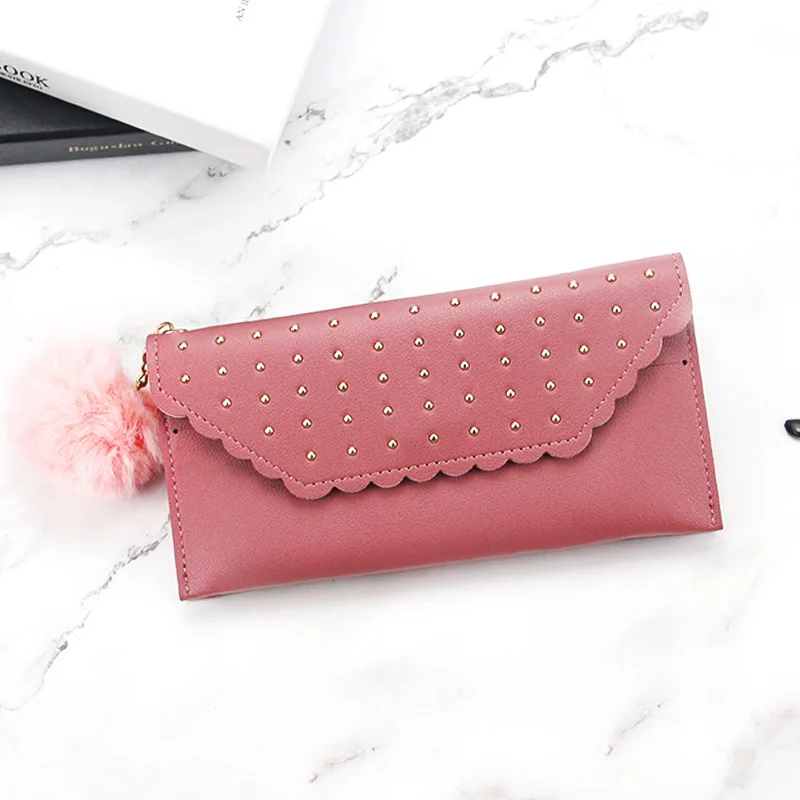 

2023 Wallet For Women New Retro Rivet Hasp Long Ladies Wallet Card Purse PU Leather Wallet With Fur Ball Ornaments Phone Bag
