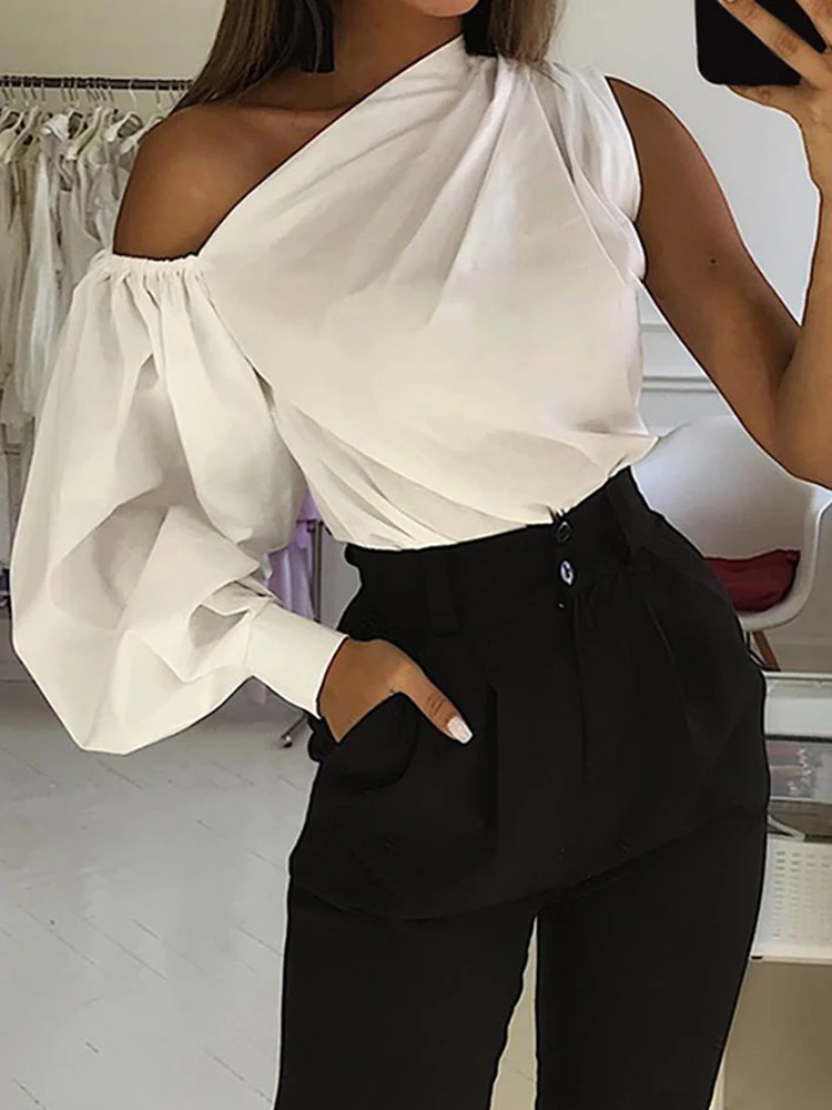 

Women Blouse One Shoulder Asymmetric Single Lantern Sleeve Top Solid Color Slash Neck Summer Blouse Shirt Streetwear