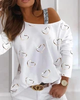 tops women summer heart pattern sequins cold shoulder t shirt korean fashion long sleeve loose blouse plus size female clothing