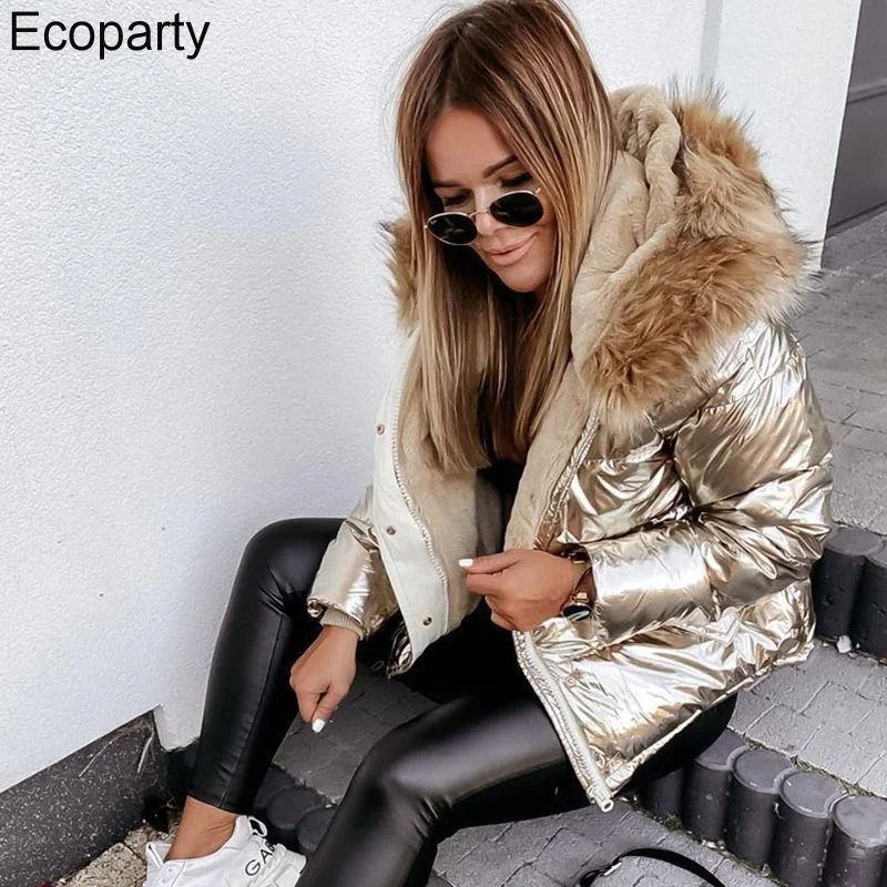 Glossy Down Cotton Jacket For Women Winter Overcoat Parkas 2022 Fur Collar Hooded Overcoat Fashion Loose Warm Thick Coat Outwear