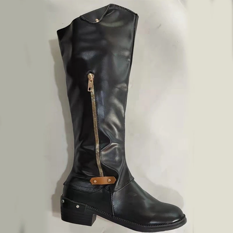 

Winter New Women Knee High Boots Faux Fur Round Toe Warm Punk Boots Side Zipper Low-heeled Woman Cowboy Boots Hidden Pocket
