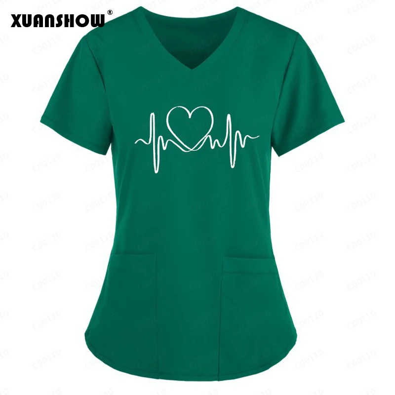 XUANSHOW European and American Nurses Style Love Graphics Print Shirt V-neck Large Pocket Short-sleeved T-shirt Women's