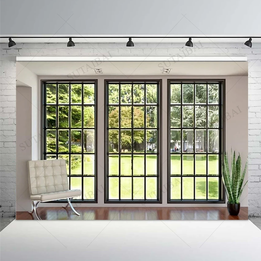 

Green Plant Backdrop of Photography Indoor Windows Wood Floor Decorate Room Supplies Family Portrait Head Shot Photo Booth Props