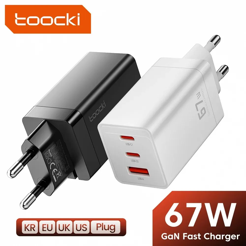 Фото Toocki 67W GaN USB C Быстрое Зарядное Устройство QC4.0 PD 3.0 45W Type-C Для iPhone 15/14/13/12 Pro MacBook — Подходит Для Пу... №1