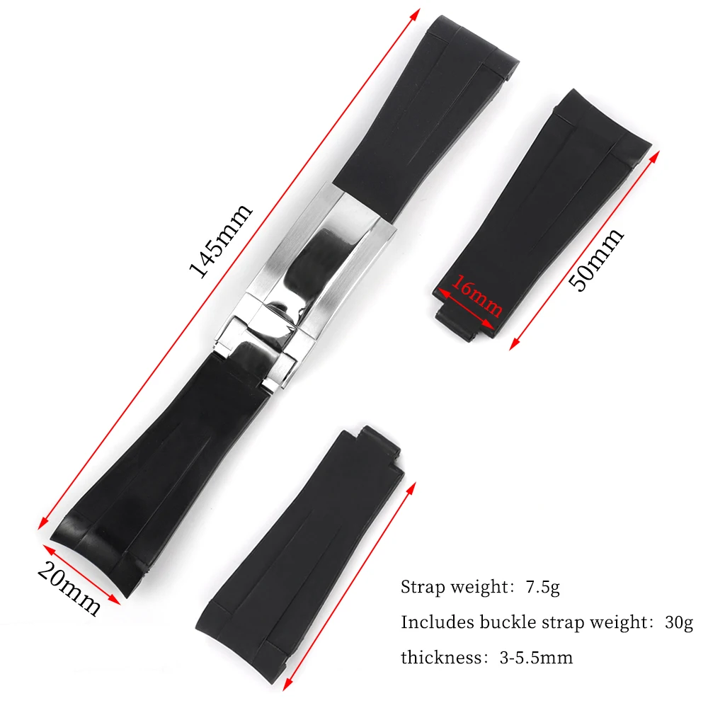 Резиновый ремешок для часов с изогнутым концом 20 мм Rolex Submariner GMT Master 2 yachmaster Explorer
