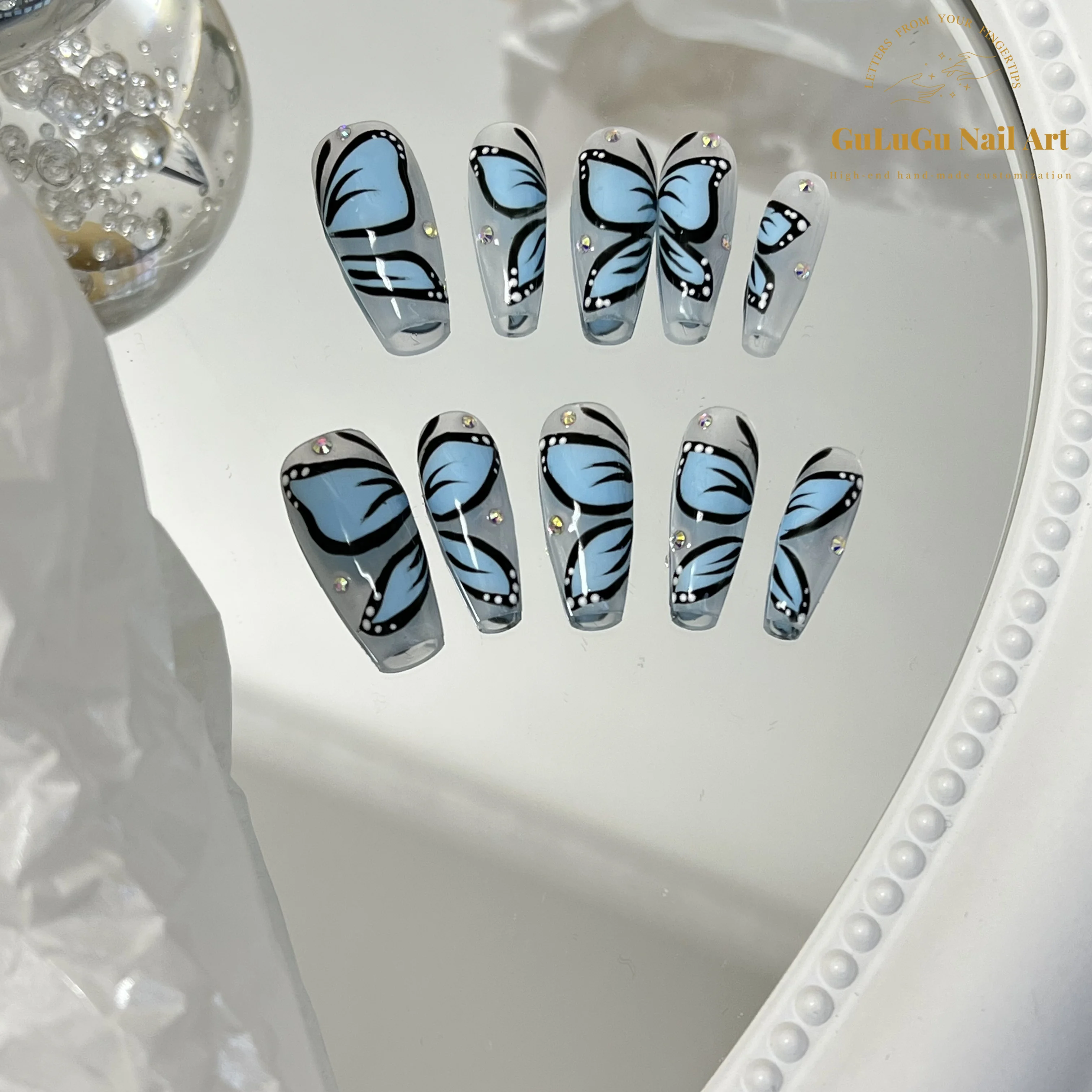 12 Pieces/Box New Fake Nails Reusable Hand-Painted Design Blue Butterfly Premium Custom Women'S Nail Art Free Shipping