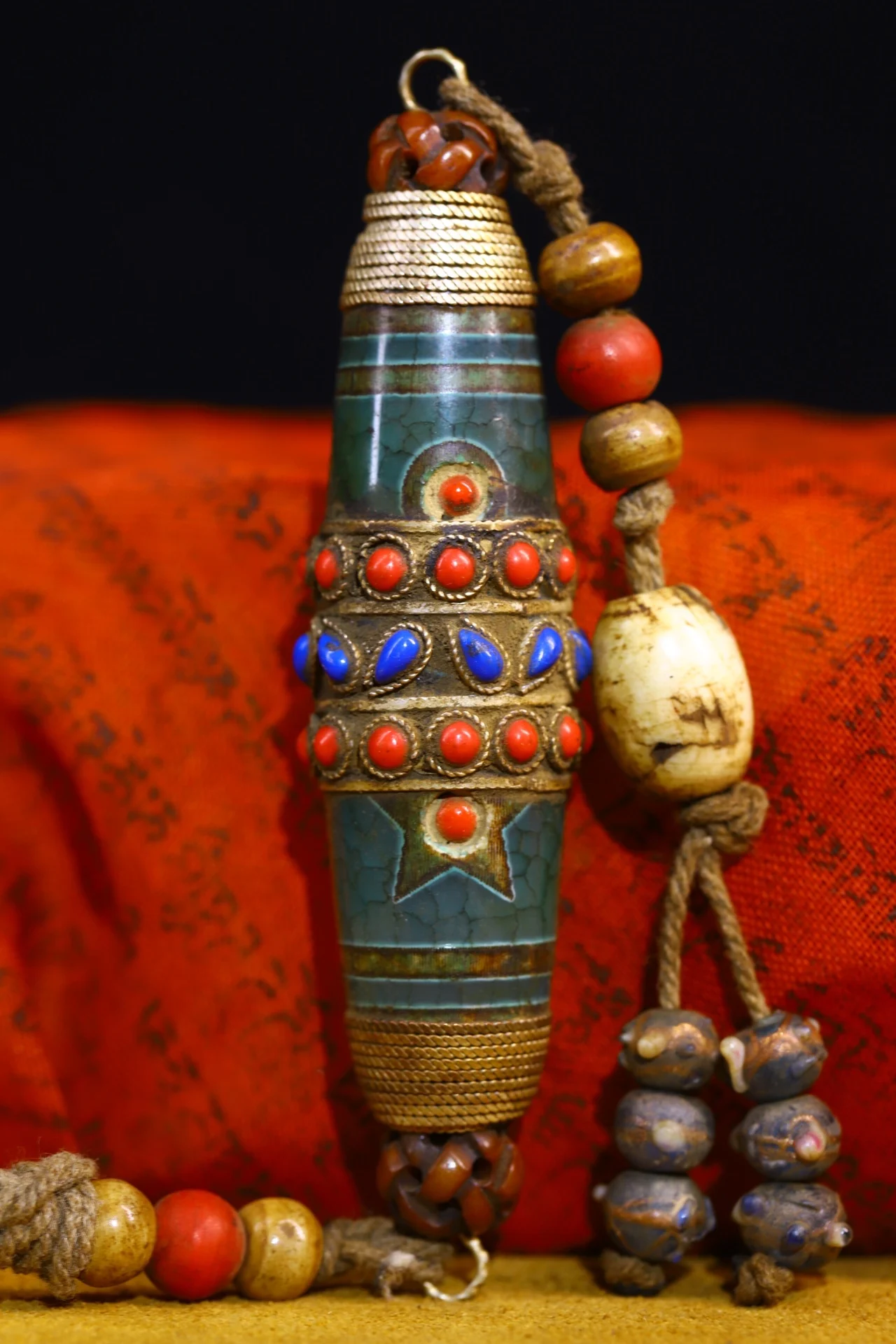 

4" Tibetan Temple Collection Old natural agate mosaic Gem Tibetan silver filigree Dzi Beads Amulet pendant Town house Exorcism