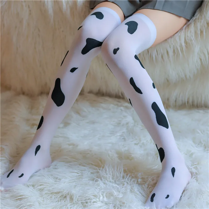 

White Spotted Socks with A High Top Above The Knee Cosplay Stockings Kawaii Cow Spots Printed High Stockings Cute Milk Pantyhose