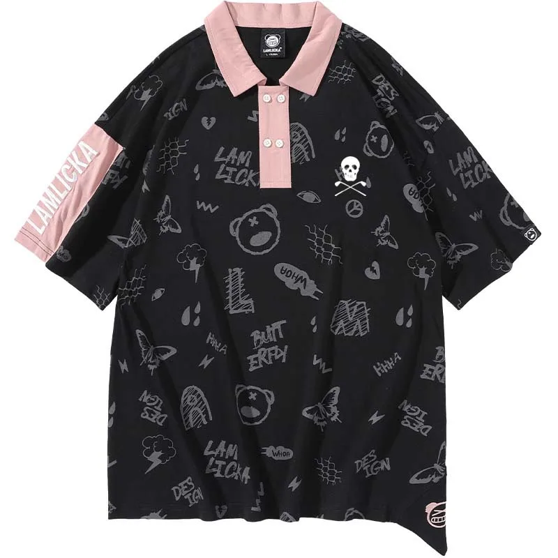 Men's Polo Golf Wear T Shirt Horse Cotton Graffiti Panda Print Couple Summer Loose Versatile Men Lapel Casual Fashion Top 2023