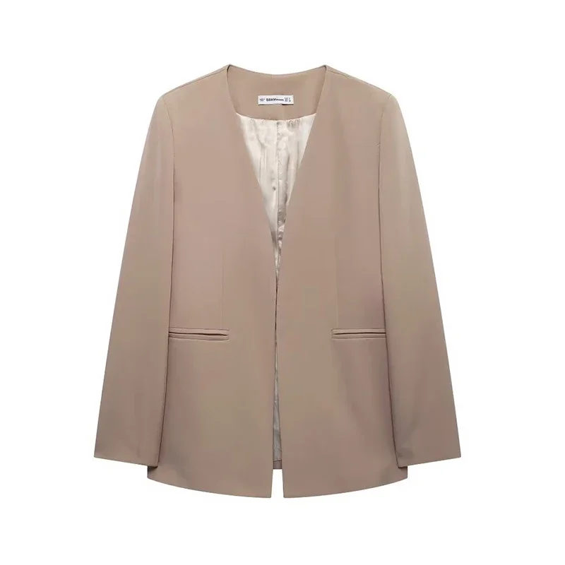 Женский винтажный блейзер цвета хаки со скрытым рядом пуговиц V-образным вырезом