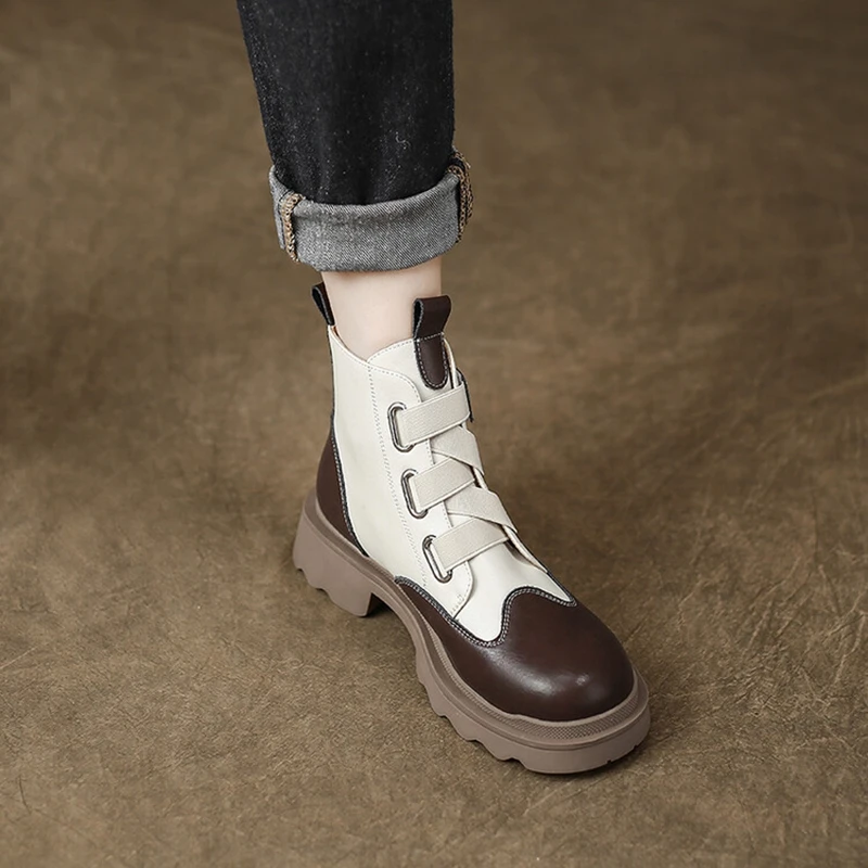 

NEW Fall Women Boots Round Toe Chunky Shoes Women Mixed Color Split Leather Boots Leisure Slip-on Thick Heel Winter Short Boots