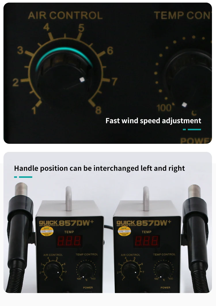 QUICK 857DW + интеллектуальная станция для распайки горячим воздухом с двойным выхрением тока для SMD PCB BGA, сварочная станция, ремонт, инструменты для распайки (art.: 3920cca637e16) - 3920cca637e16