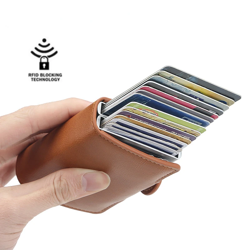 

Anti-theft Men Wallet double Aluminum Leather Credit Card Holder RFID Metal Wallet Automatic Pop Up Purse ID Cardholder