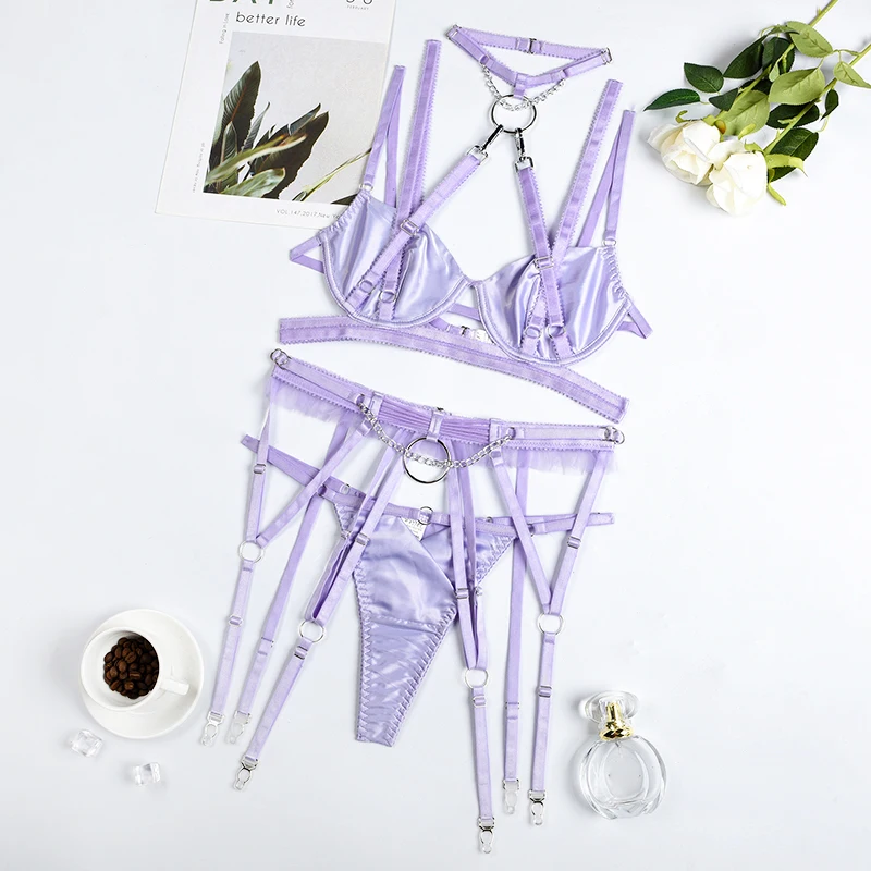 Ellolace Luxury Lingerie Halter Sexy Porn Underwear Women Fancy Garter Brief Sets Body Push-Up Bras Lavender Fine Intimate