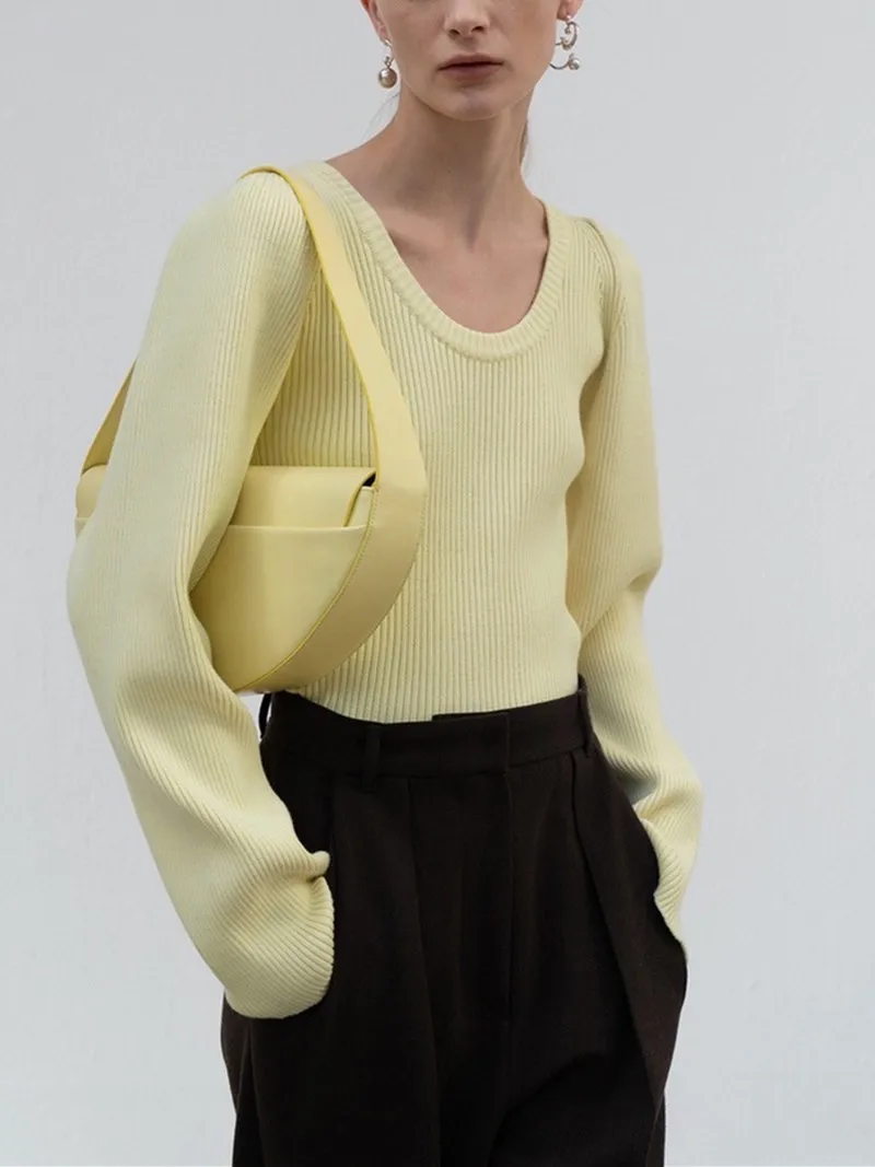 Women's O-Neck Pit Striped Knit Pullover Sweater 2023 Early Spring New Ladies Elegant All-Match Puff Long Sleeve Yellow Tops