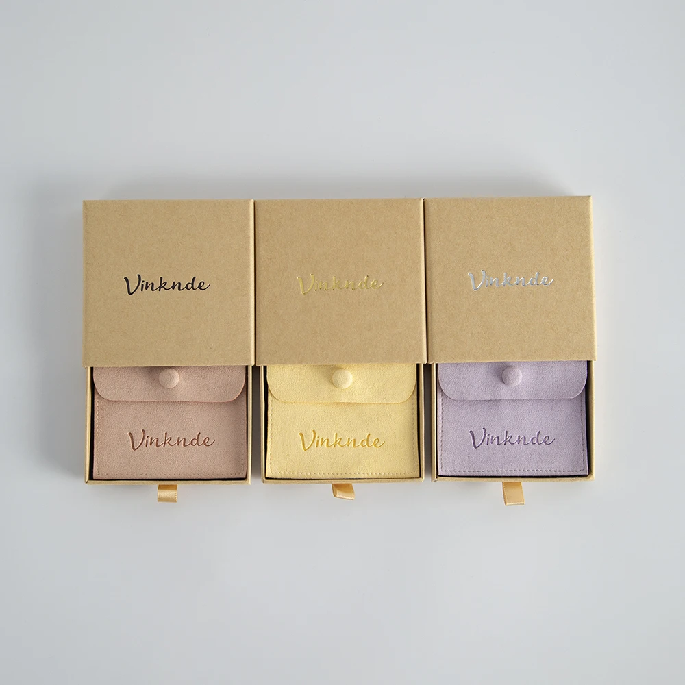 Custom Logo Bulk Brown kraft Drawer Jewelry Boxes with 8x8cm Microfiber Suede Gift Button Bags Necklace Organizer Packaging Box