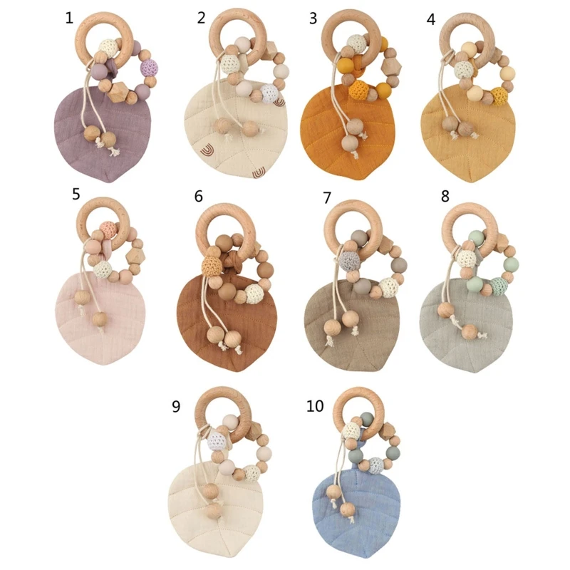 

1Pc Baby Wooden Teether Ring with Leaves Shape Absorbent Cloth Towel Blanket Rattle Beads Molar Toy Newbor