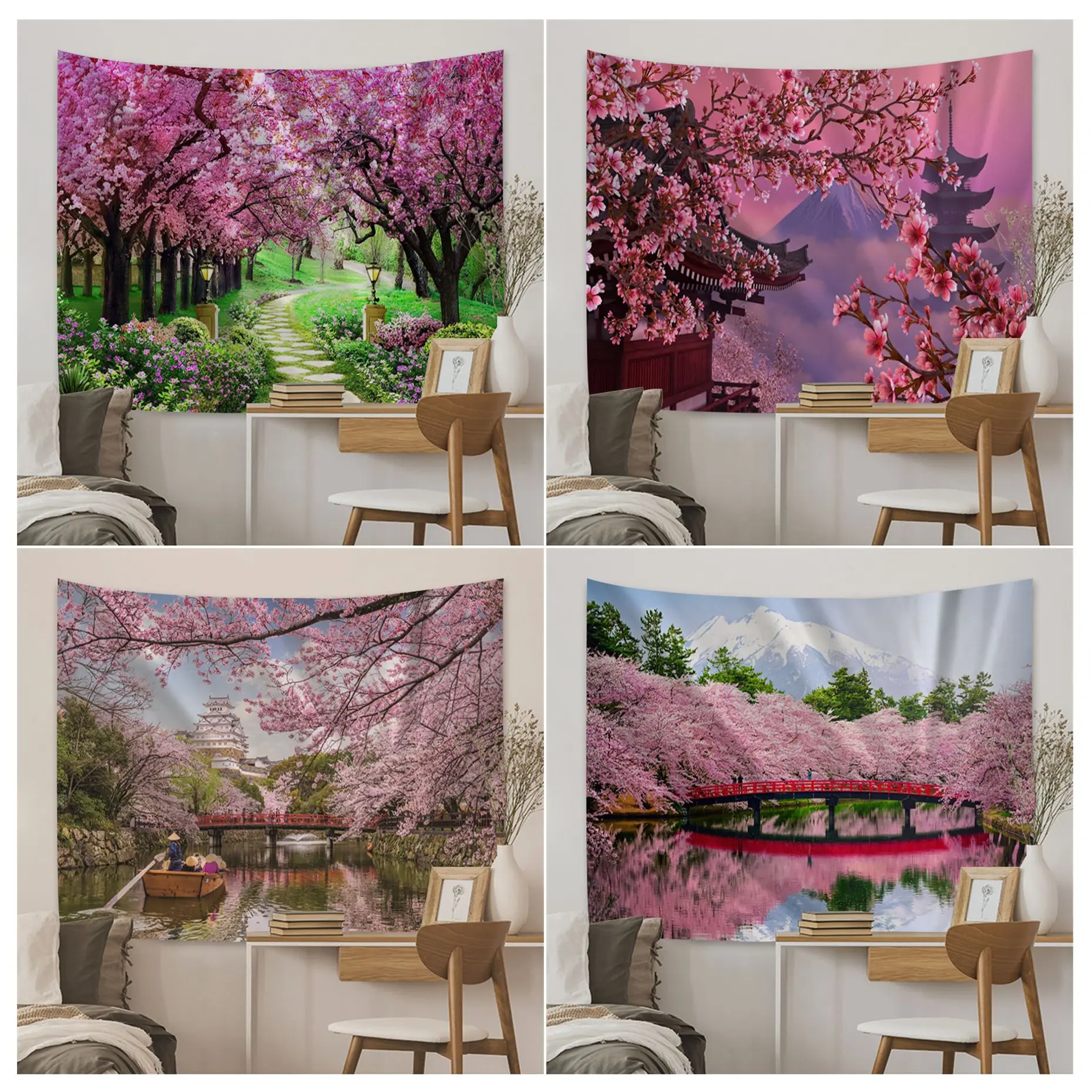 

Pink Cherry Blossoms Japanese Colorful Tapestry Mount Fuji Wall Hanging Carpet for Living Room Rugs Home Dorm Decor Blanket