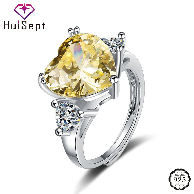 

HuiSept Trendy Ring 925 Silver Jewelry Heart Shape Citrine Zircon Gemstone Ornaments Rings for Women Wedding Party Promise Gift