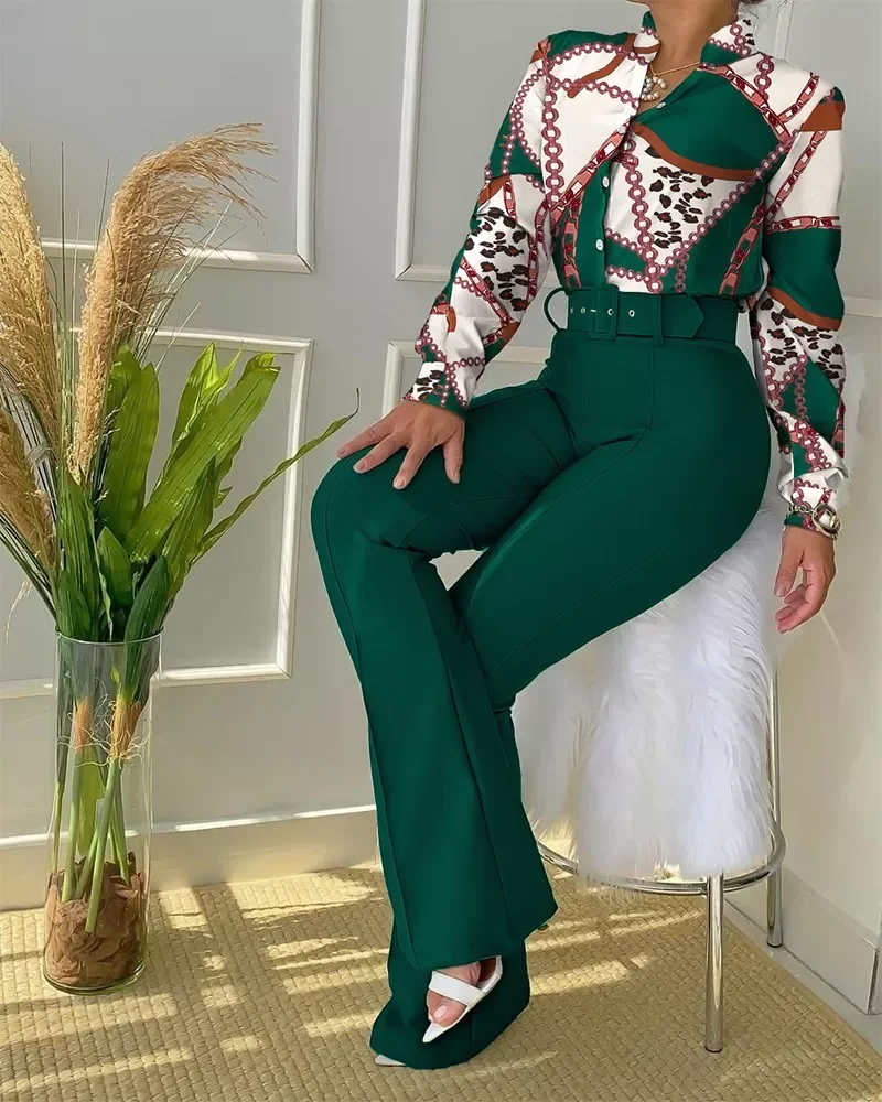 

Free shipping Trend Casual Leaf Print Buttoned Shirt & High Waist Pants Sst Two Pieces Set Women Tracksuit Office Clothes