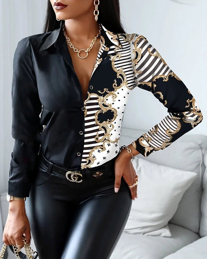

2022 Spring And Autumn Women's New Style Casual And Cozy Printed Long Sleeve V-neck Shirt Top Women's Wear
