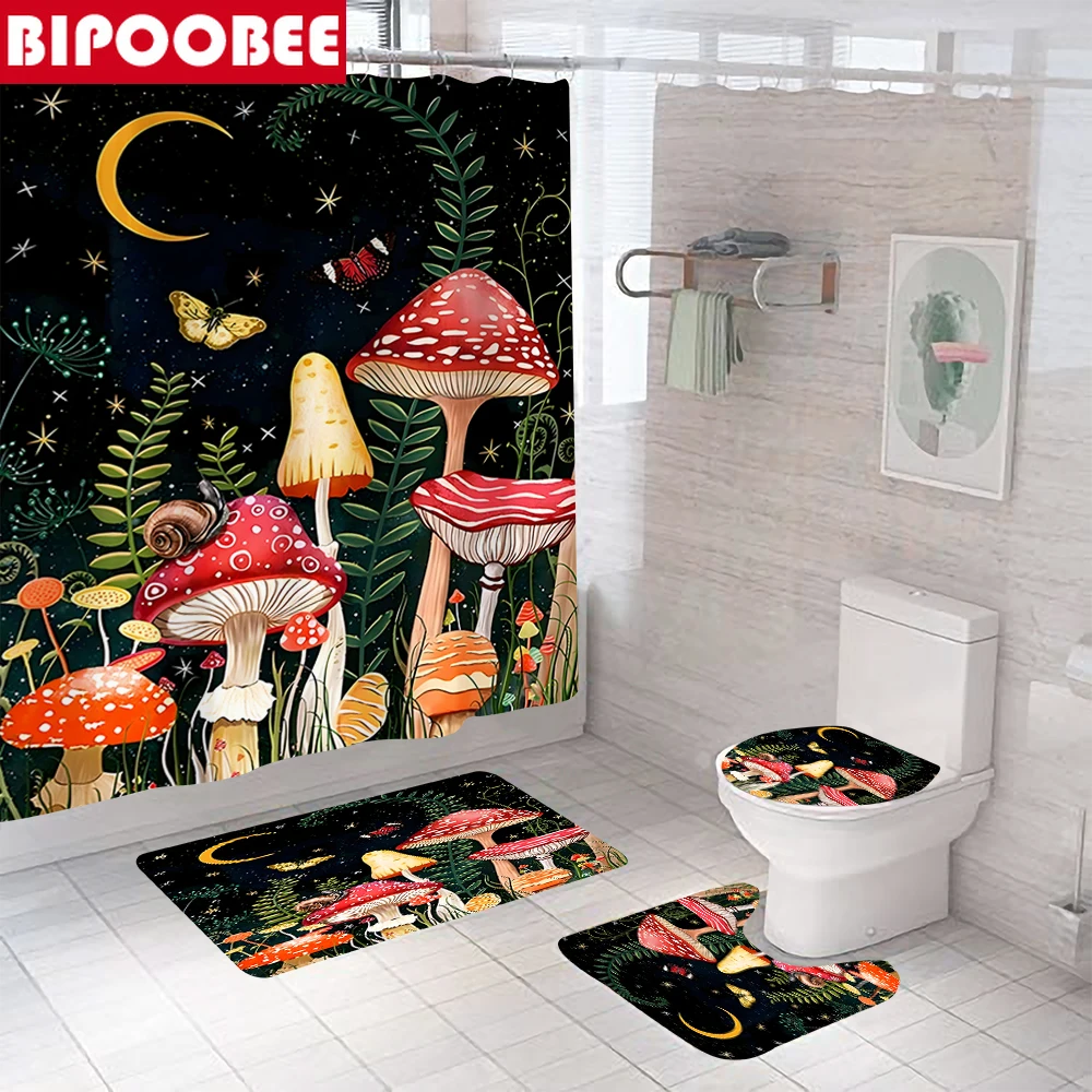 

Винтажные занавески для душа в виде грибов, бабочек, цветов, Луны, звезд, растений, диких цветов, зеленые коврики для ванной, коврики для туал...