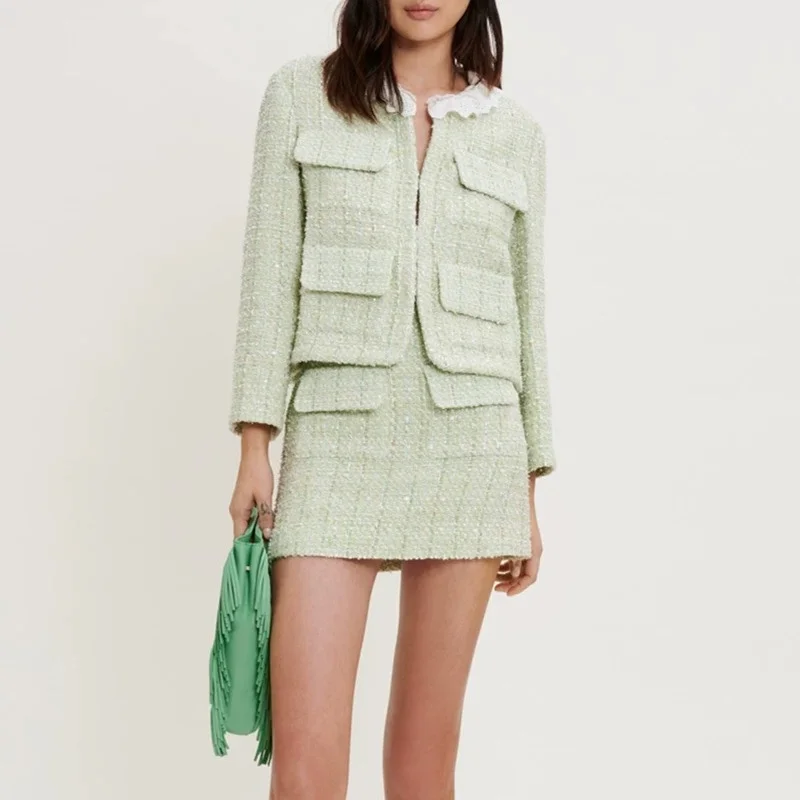 

Женский костюм из твида IOO, зеленый костюм с кружевным воротником и мини-юбкой, весна 2023