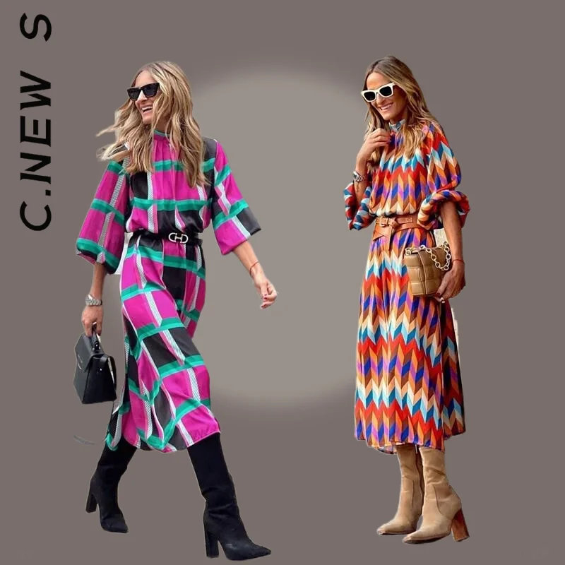 Женское длинное платье с высоким воротом винтажное принтом и рукавом 2022 в