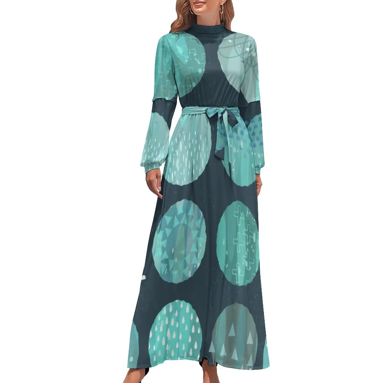 

Retro Nordic Pattern Dress Long Sleeve Celestial Bodies Midnight Elegant Maxi Dress High Neck Aesthetic Boho Beach Long Dresses