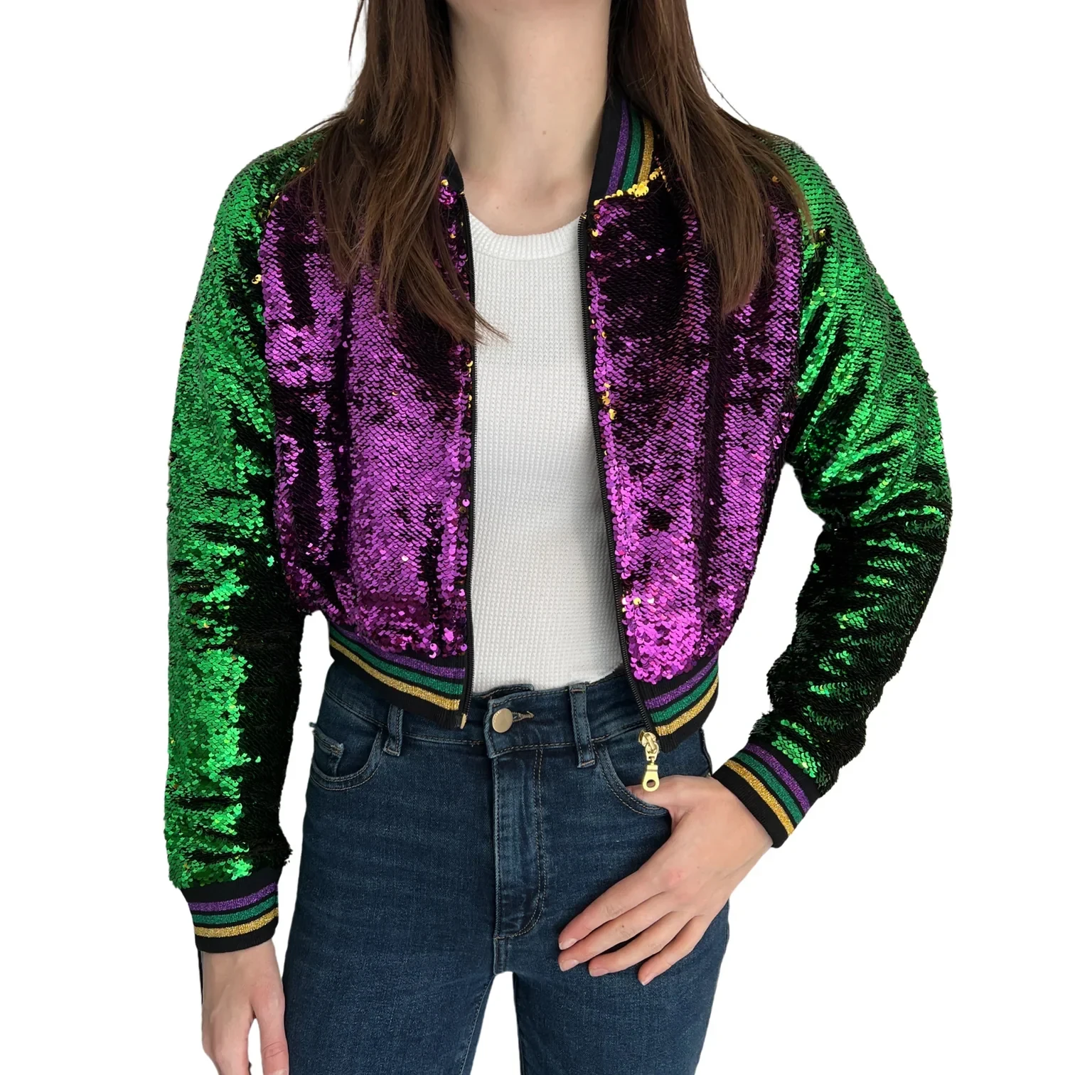 Фото Ruffkids Mardi Gras Mommy And Me Одинаковая верхняя одежда для девочек и женщин Весенняя мода Топы с длинными рукавами Пальто на молнии Детская куртка с пайетками №1