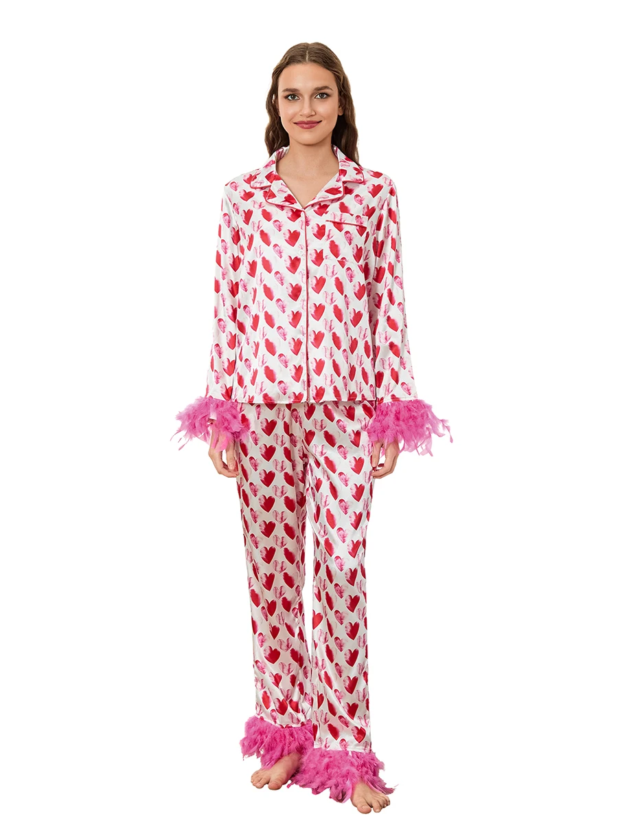 Women’s 2 Piece Satin Pajama Set Feather Trim Long Sleeve Button Up Shirt Pants Sleepwear