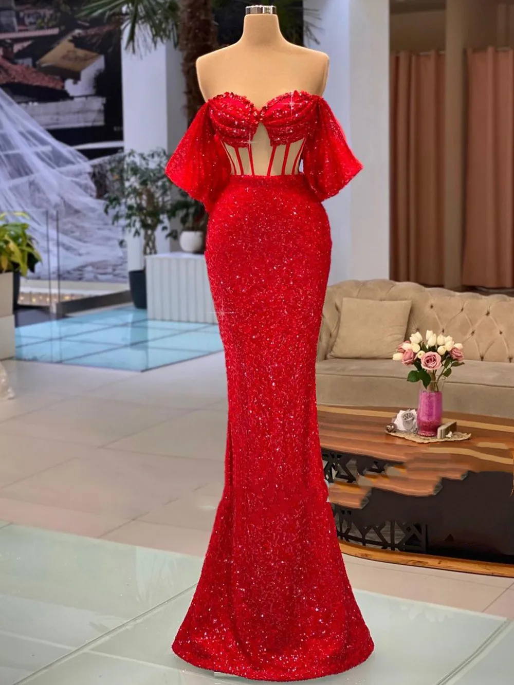 

Red Mermaid Glitter Sequin Prom Party Dress For Women Luxury Formal Celebrity Evening Dress Sexy Robe soirée vestidos de cóctel