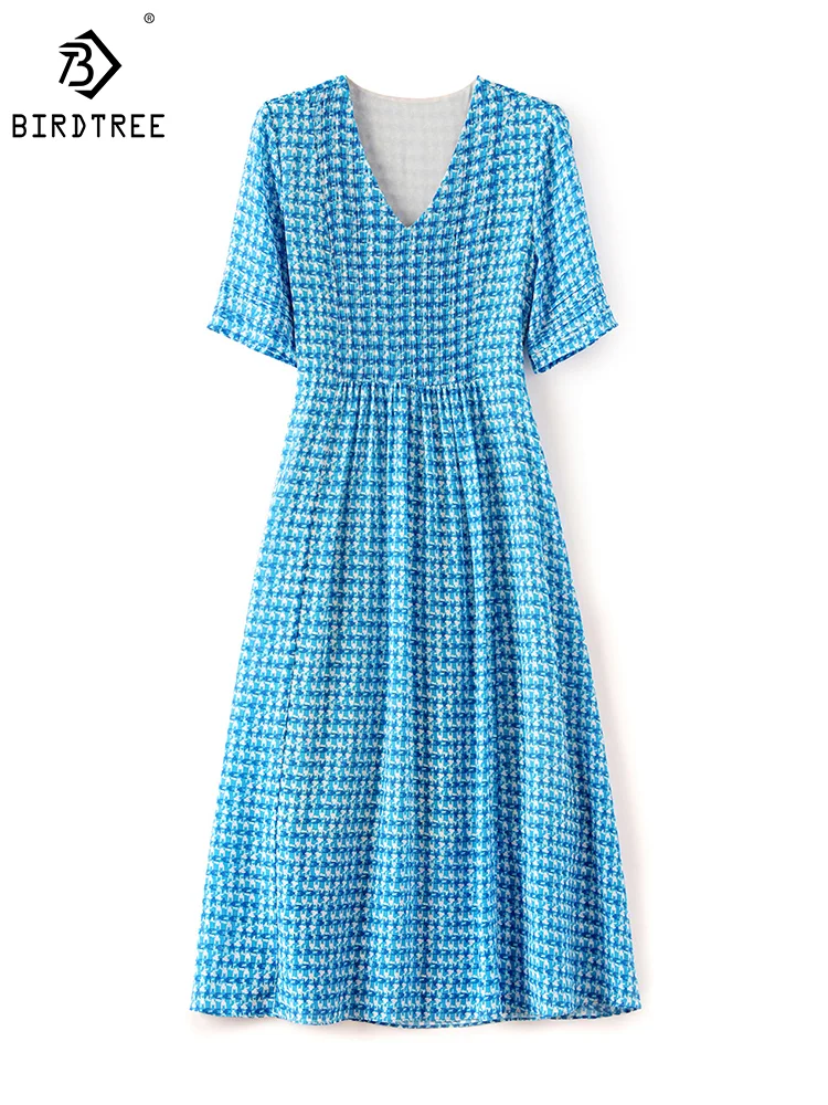 

Birdtree, 100% шелк тутового шелкопряда, модные платья, v-образный вырез, птица, решетка, элегантное женское французское Свободное платье, осень, новинка, T3N253QM