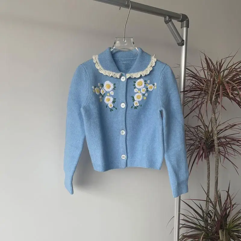 Подиумный шерстяной вязаный синий кардиган с 3D цветочной вышивкой свитер