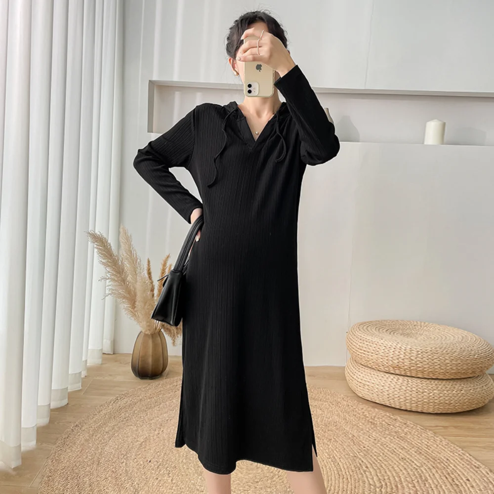 Maternity Wear Fashion V-neck Slim Slit Hem Fabric Comfortable Breathable Pit Strip Long-sleeved Hooded Maternity Dress