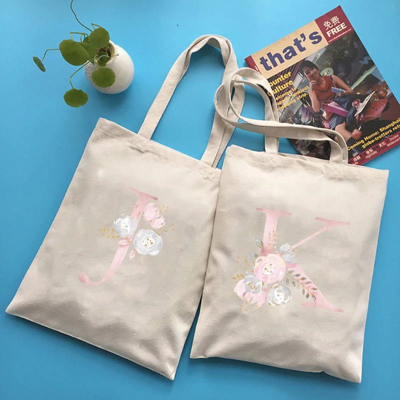

Women Handbags Pink Alphabet Flower Print Shopping Bag Shopper Reusable Large Capacity Students Books Bag Shopper Shoulder Bag