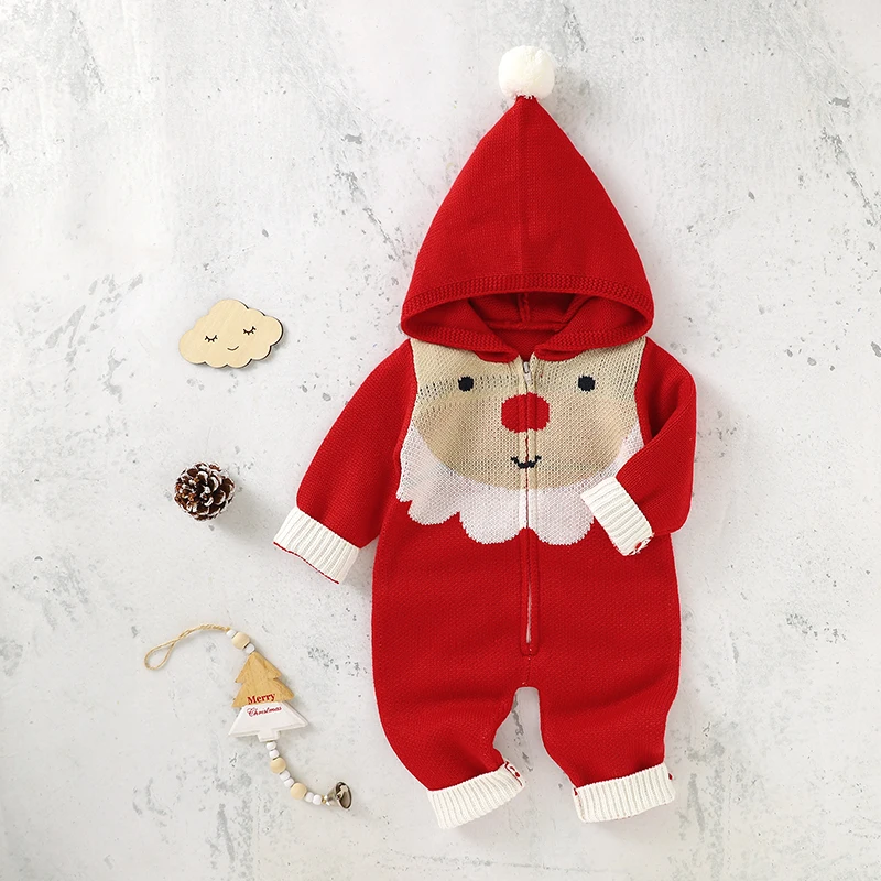 

Baby Christmas Rompers Jumpsuits Winter Santa Claus Knitted Newborn Boy Girl Hooded Long Sleeve Jumpsuits Playsuits Kids Clothes
